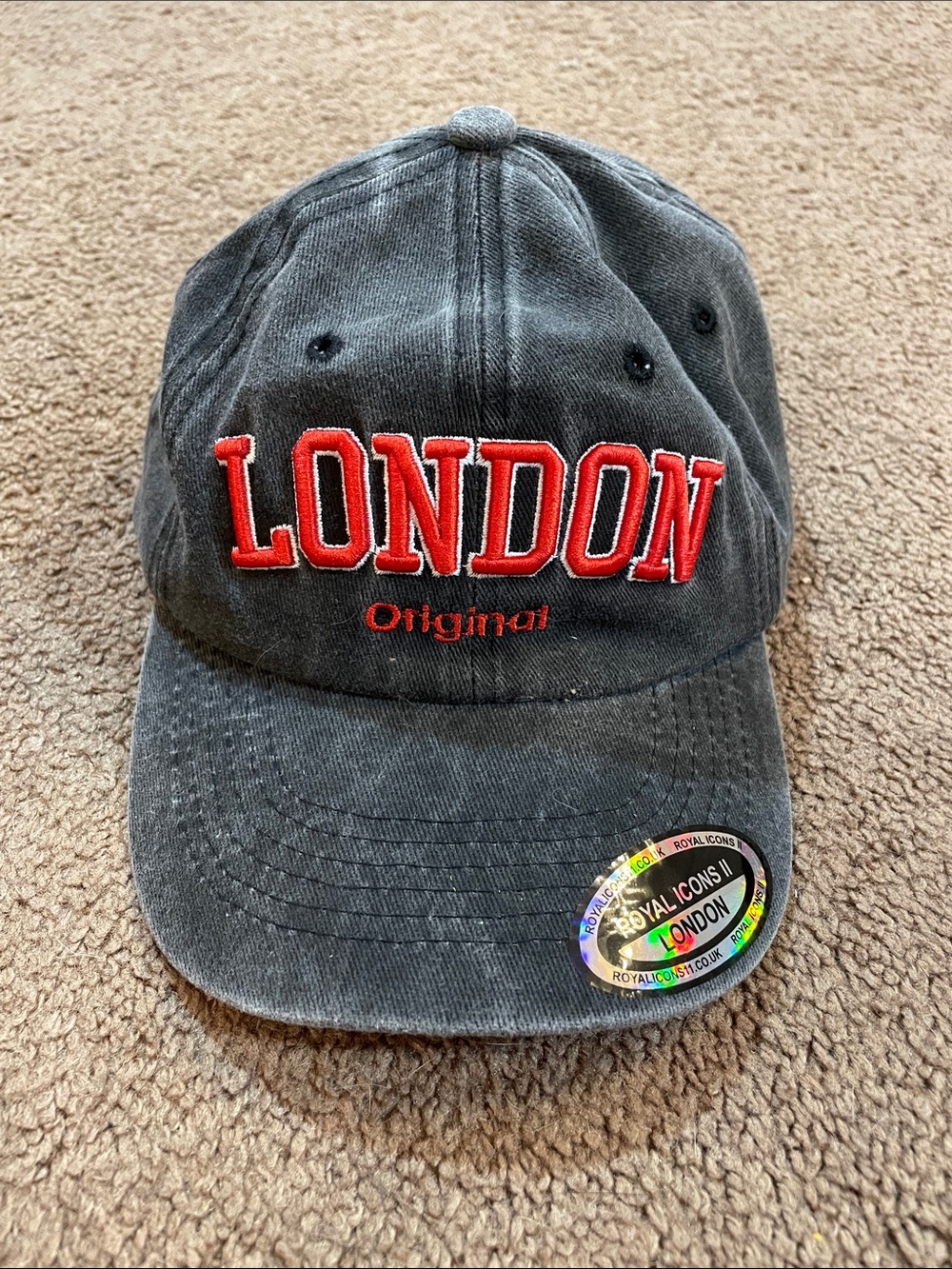 LONDON Embroidered Baseball Cap in Charcoal with Red Lettering